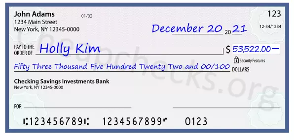 Fifty Three Thousand Five Hundred Twenty Two and 00/100 filled out on a check