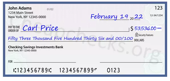 Fifty Three Thousand Five Hundred Thirty Six and 00/100 filled out on a check