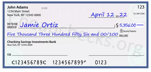 Five Thousand Three Hundred Fifty Six and 00/100 filled out on a check