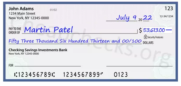 Fifty Three Thousand Six Hundred Thirteen and 00/100 filled out on a check