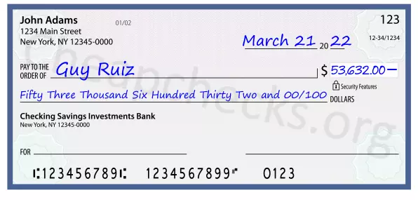 Fifty Three Thousand Six Hundred Thirty Two and 00/100 filled out on a check