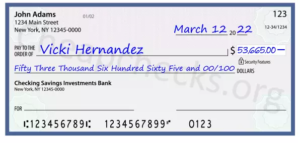 Fifty Three Thousand Six Hundred Sixty Five and 00/100 filled out on a check