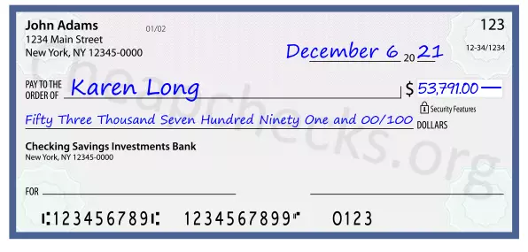 Fifty Three Thousand Seven Hundred Ninety One and 00/100 filled out on a check