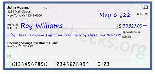 Fifty Three Thousand Eight Hundred Twenty Three and 00/100 filled out on a check