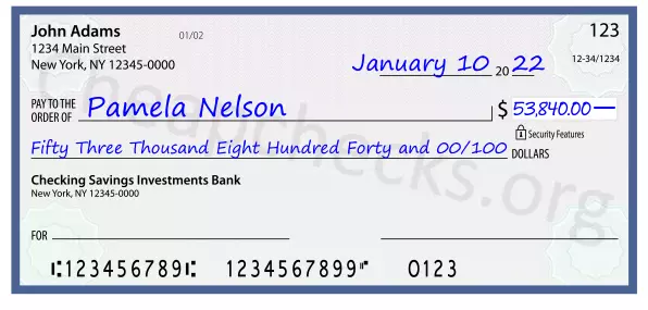 Fifty Three Thousand Eight Hundred Forty and 00/100 filled out on a check