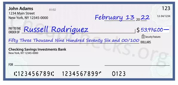 Fifty Three Thousand Nine Hundred Seventy Six and 00/100 filled out on a check