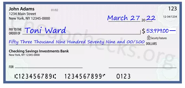 Fifty Three Thousand Nine Hundred Seventy Nine and 00/100 filled out on a check