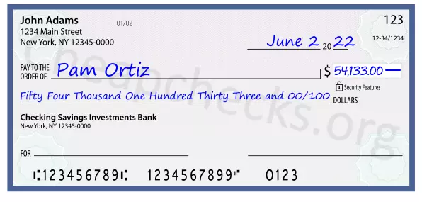 Fifty Four Thousand One Hundred Thirty Three and 00/100 filled out on a check