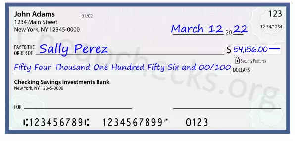 Fifty Four Thousand One Hundred Fifty Six and 00/100 filled out on a check