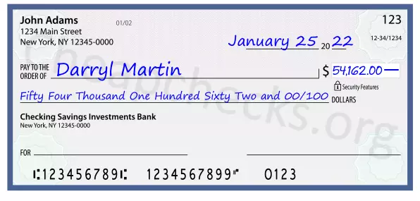 Fifty Four Thousand One Hundred Sixty Two and 00/100 filled out on a check