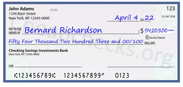 Fifty Four Thousand Two Hundred Three and 00/100 filled out on a check