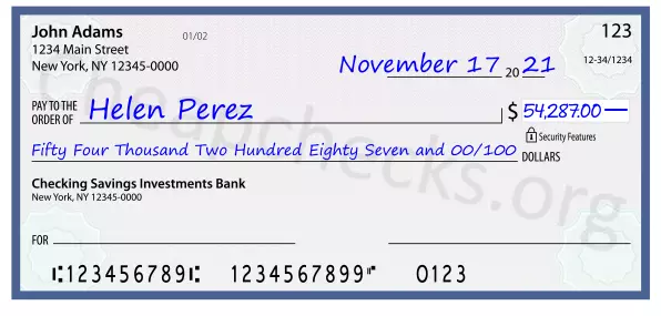 Fifty Four Thousand Two Hundred Eighty Seven and 00/100 filled out on a check