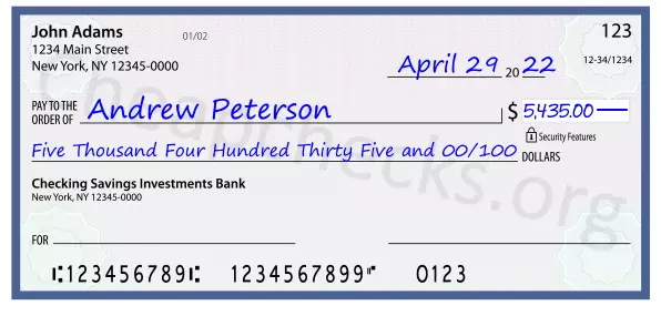 Five Thousand Four Hundred Thirty Five and 00/100 filled out on a check