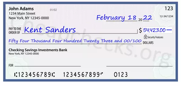 Fifty Four Thousand Four Hundred Twenty Three and 00/100 filled out on a check