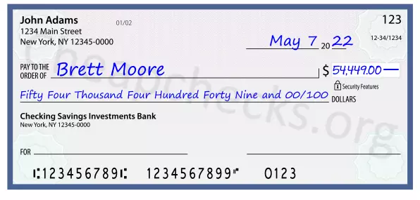 Fifty Four Thousand Four Hundred Forty Nine and 00/100 filled out on a check