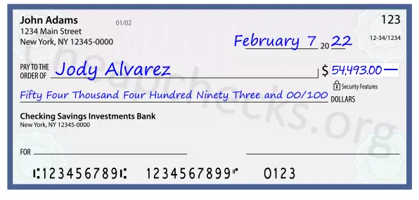 Fifty Four Thousand Four Hundred Ninety Three and 00/100 filled out on a check