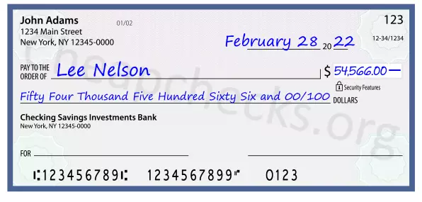 Fifty Four Thousand Five Hundred Sixty Six and 00/100 filled out on a check