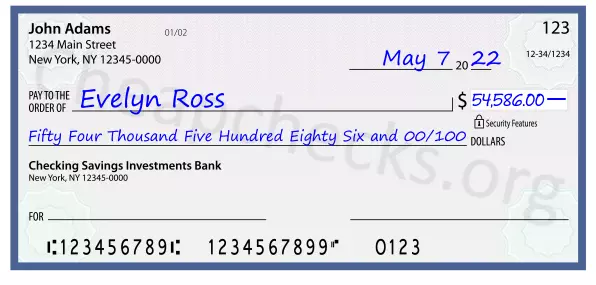 Fifty Four Thousand Five Hundred Eighty Six and 00/100 filled out on a check