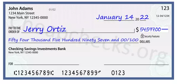 Fifty Four Thousand Five Hundred Ninety Seven and 00/100 filled out on a check