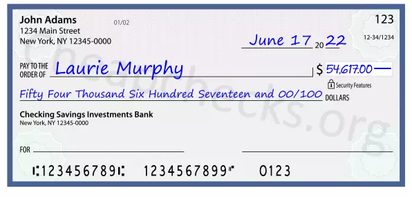 Fifty Four Thousand Six Hundred Seventeen and 00/100 filled out on a check