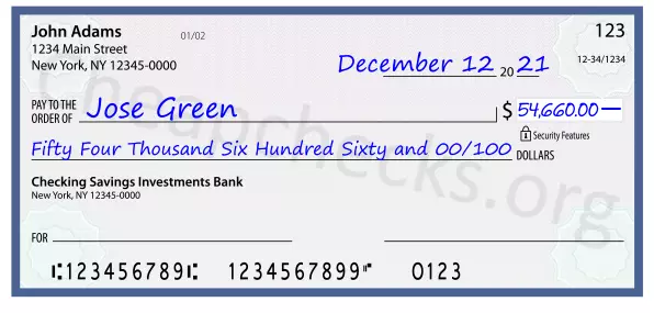 Fifty Four Thousand Six Hundred Sixty and 00/100 filled out on a check