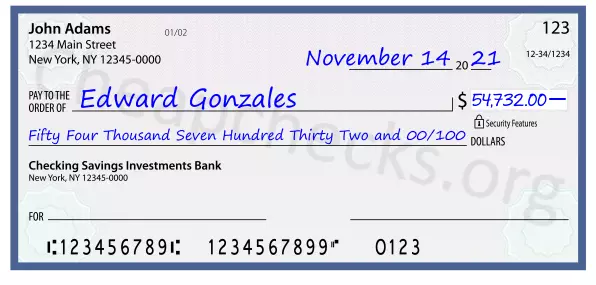 Fifty Four Thousand Seven Hundred Thirty Two and 00/100 filled out on a check