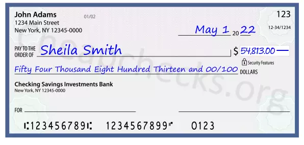 Fifty Four Thousand Eight Hundred Thirteen and 00/100 filled out on a check