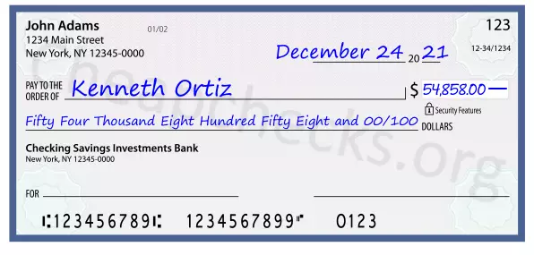 Fifty Four Thousand Eight Hundred Fifty Eight and 00/100 filled out on a check