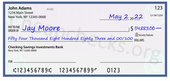 Fifty Four Thousand Eight Hundred Eighty Three and 00/100 filled out on a check