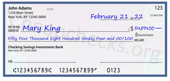 Fifty Four Thousand Eight Hundred Ninety Four and 00/100 filled out on a check