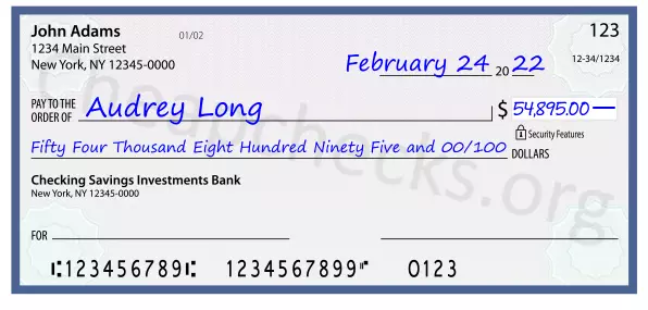 Fifty Four Thousand Eight Hundred Ninety Five and 00/100 filled out on a check