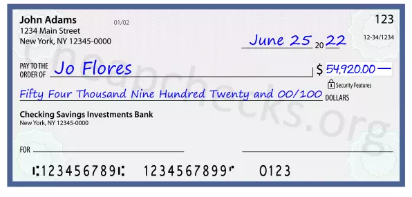 Fifty Four Thousand Nine Hundred Twenty and 00/100 filled out on a check