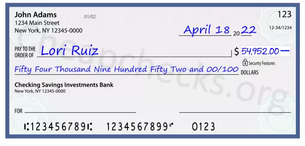 Fifty Four Thousand Nine Hundred Fifty Two and 00/100 filled out on a check