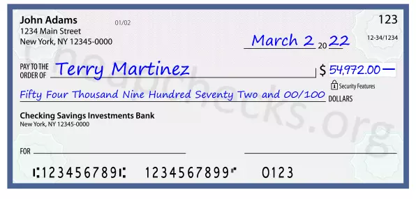 Fifty Four Thousand Nine Hundred Seventy Two and 00/100 filled out on a check