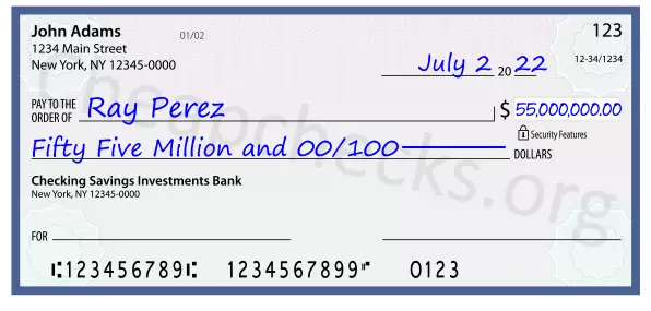 Fifty Five Million and 00/100 filled out on a check