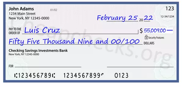 Fifty Five Thousand Nine and 00/100 filled out on a check