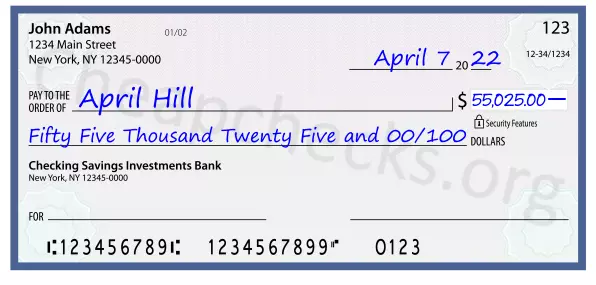 Fifty Five Thousand Twenty Five and 00/100 filled out on a check