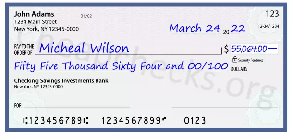 Fifty Five Thousand Sixty Four and 00/100 filled out on a check