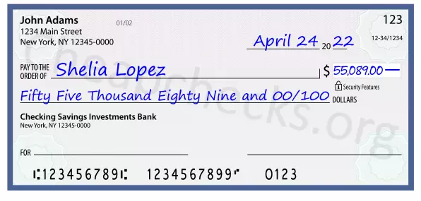 Fifty Five Thousand Eighty Nine and 00/100 filled out on a check