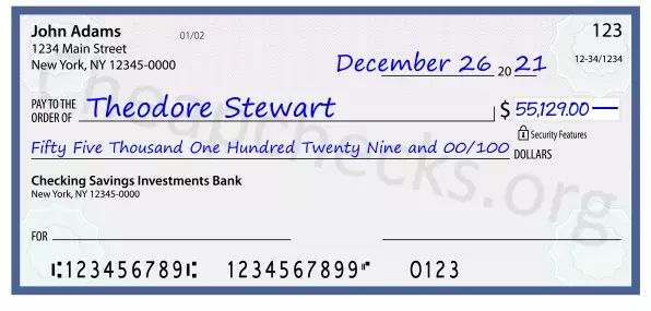 Fifty Five Thousand One Hundred Twenty Nine and 00/100 filled out on a check