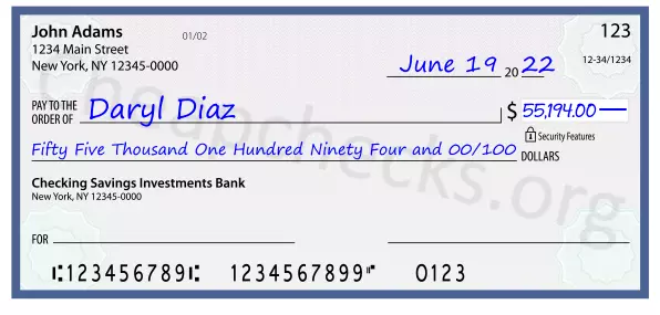 Fifty Five Thousand One Hundred Ninety Four and 00/100 filled out on a check