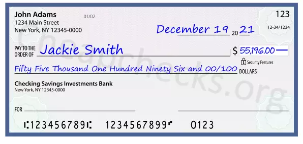 Fifty Five Thousand One Hundred Ninety Six and 00/100 filled out on a check