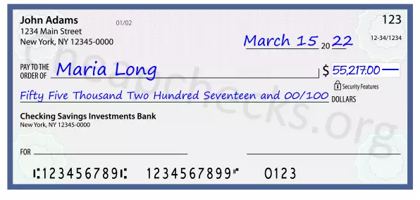 Fifty Five Thousand Two Hundred Seventeen and 00/100 filled out on a check