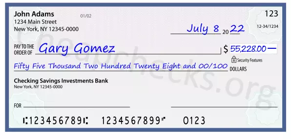 Fifty Five Thousand Two Hundred Twenty Eight and 00/100 filled out on a check