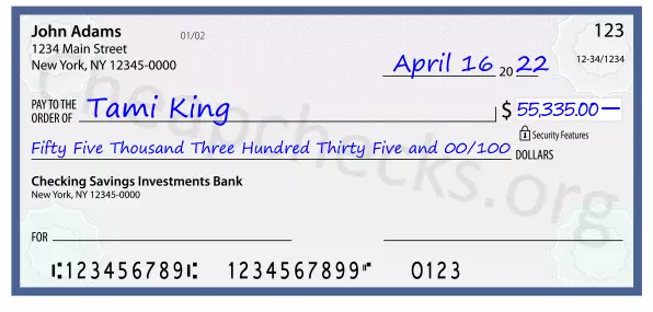 Fifty Five Thousand Three Hundred Thirty Five and 00/100 filled out on a check