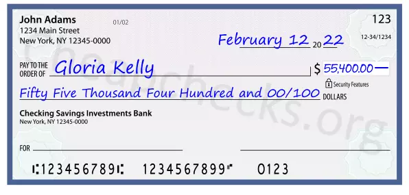Fifty Five Thousand Four Hundred and 00/100 filled out on a check