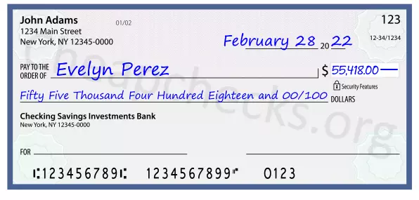 Fifty Five Thousand Four Hundred Eighteen and 00/100 filled out on a check