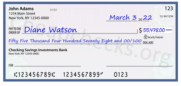 Fifty Five Thousand Four Hundred Seventy Eight and 00/100 filled out on a check