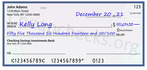 Fifty Five Thousand Six Hundred Fourteen and 00/100 filled out on a check