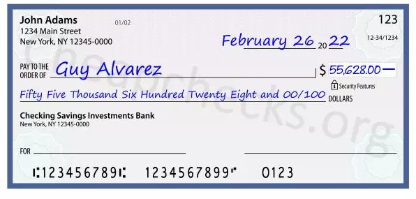 Fifty Five Thousand Six Hundred Twenty Eight and 00/100 filled out on a check